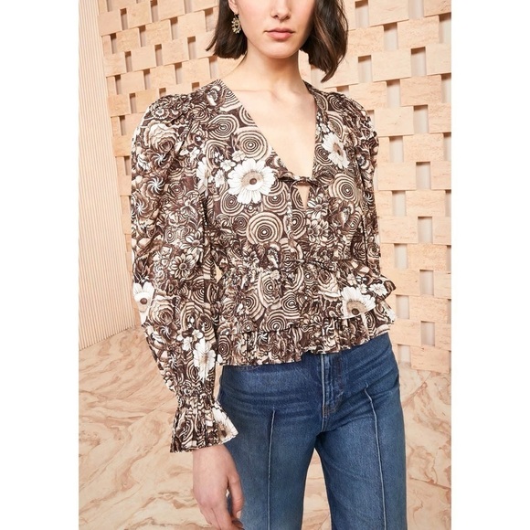 Ulla Johnson Long Puff-Sleeve Floral Ren Cotton Blouse - Picture 1 of 5